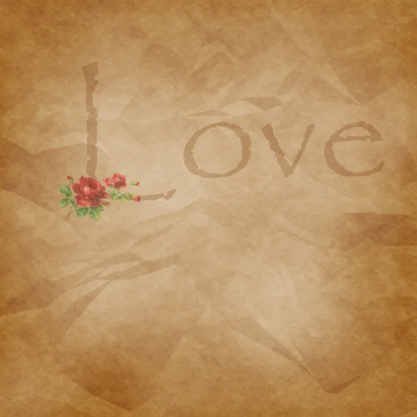 Ηλικίας χαρτί με "αγάπη", κείμενο και τριαντάφυλλο — Φωτογραφία Αρχείου