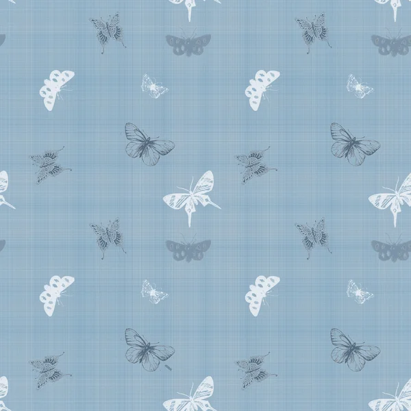 Bezešvé motýl modré látkové pozadí tapety — Stock fotografie