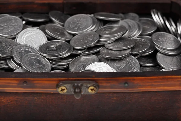 Caixa do tesouro cheia de moedas — Fotografia de Stock