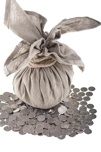 Grande saco de linho em moedas — Fotografia de Stock