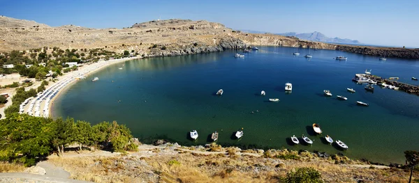 stock image Panorama of Lindos bay
