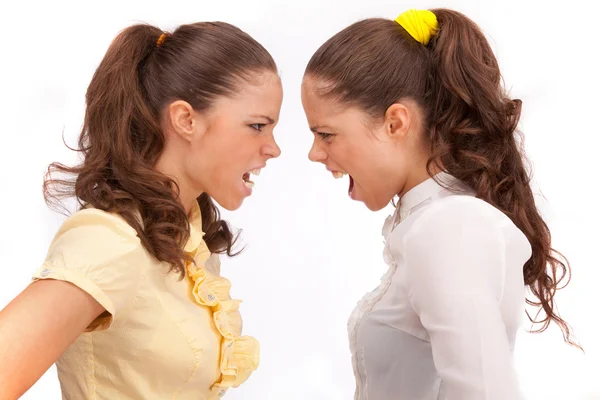 Gêmeos irmãs briga em um fundo branco — Fotografia de Stock