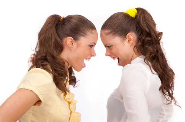 Gemini sisters quarrel on a white background — Stock Photo, Image