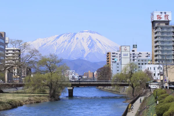 Mavi gökyüzü karşı mt.iwate ve morioka şehir