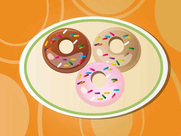 Colorful delicious donuts on plate — Stock Vector