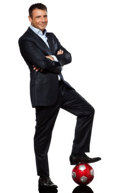 One business man standing foot on soccer ball clipart