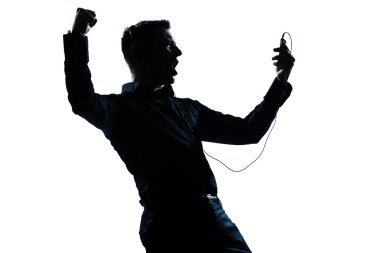 Silhouette man portrait happy listening to music clipart