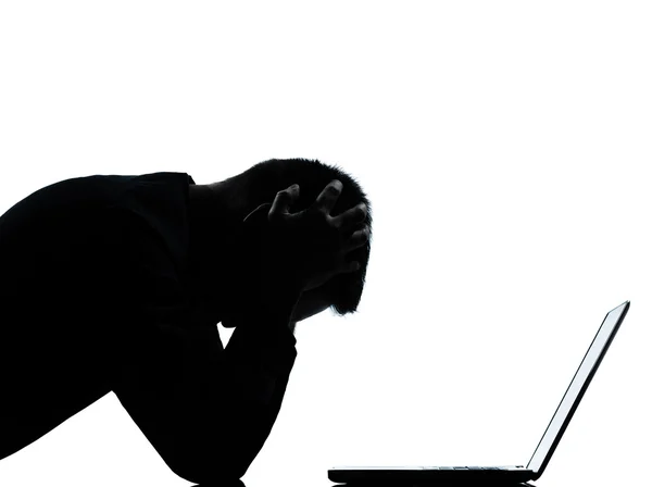 Μία επιχείρηση άνθρωπος σιλουέτα υπολογιστών υπολογιστή laptop απελπισία ΑΕ — Φωτογραφία Αρχείου
