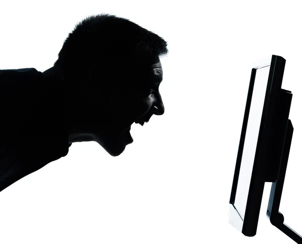 Один бізнесмен стикається з силуетом з дисплеєм екрана комп'ютера h — стокове фото