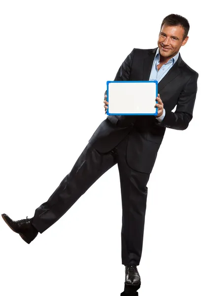 One business man holding showing whiteboard full length — Stock Photo, Image