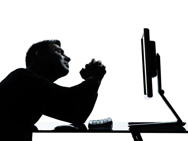 Μία επιχείρηση άνθρωπος σιλουέτα υπολογιστή υπολογιστών επαιτεία απελπισία — Φωτογραφία Αρχείου