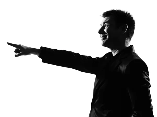 Silhouette man pointing mocking sneering — Stock Photo, Image