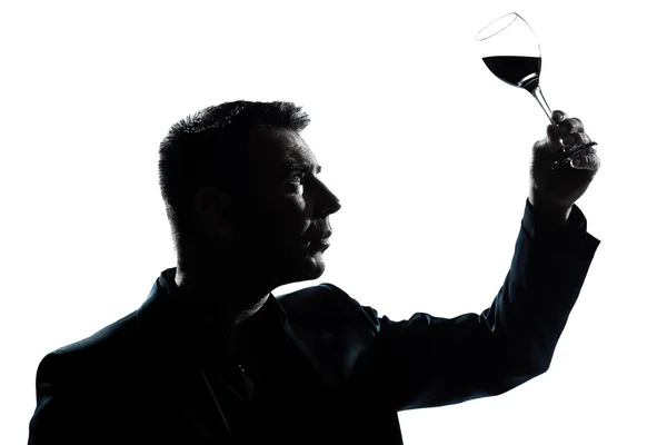 Σιλουέτα άνθρωπος δοκιμάζοντας κοιτάζοντας το ποτήρι κόκκινο κρασί — Φωτογραφία Αρχείου