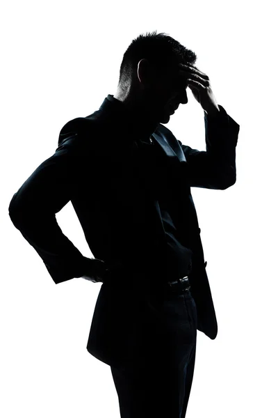 Silhouette uomo ritratto stanco mal di schiena emicrania — Foto Stock