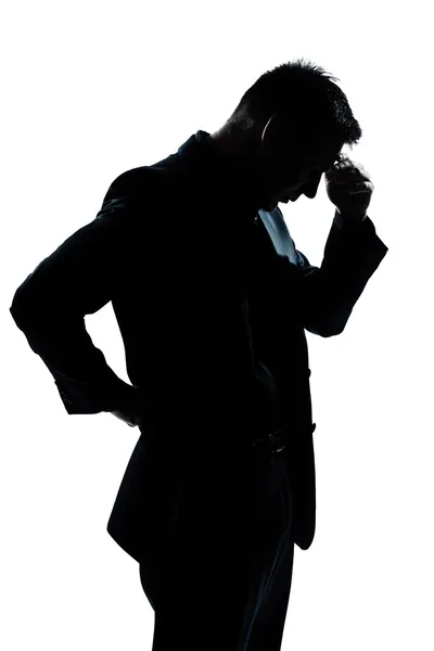Silhouette Mann Porträt Denken müde Blick nach unten — Stockfoto
