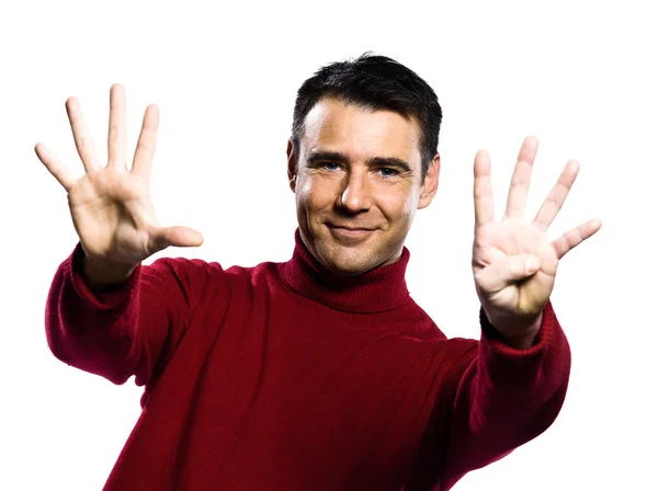 Homem caucasiano 9 nove mostrando dedos — Fotografia de Stock