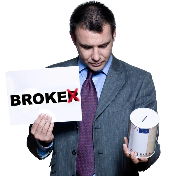 Portrait of bankrupt broker holding money box — Stock Photo, Image