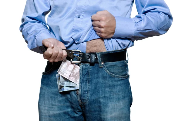 Detalhe de jeans jeans jeans com dinheiro dentro — Fotografia de Stock