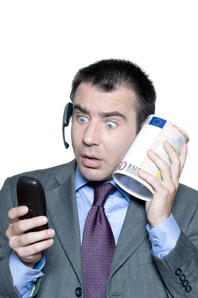 Retrato de empresário chocado com telefone e caixa de dinheiro — Fotografia de Stock