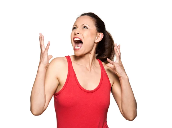 Portrait of expressive angry woman looking up and screaming — Stock Photo, Image