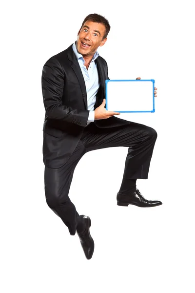 One business man jumping holding showing whiteboard Stock Photo