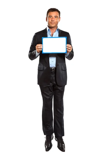 One business man jumping holding showing whiteboard Stock Picture