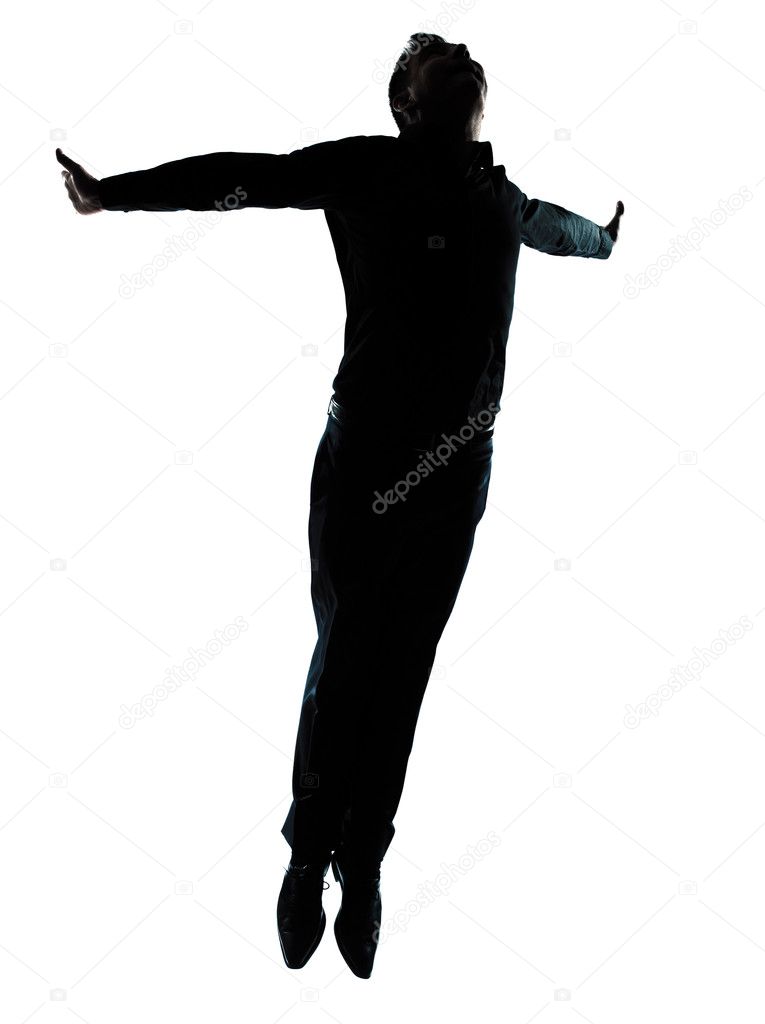 One business man jumping flying wellness silhouette