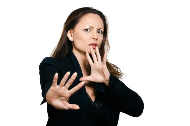 Portrait of beautiful woman making stop gesture clipart