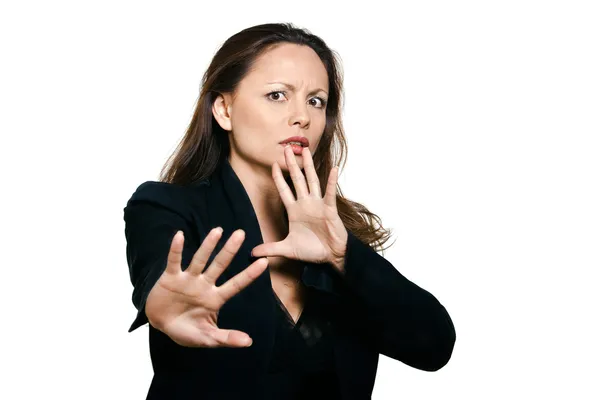 Portret van mooie vrouw stop gebaar maken — Stockfoto