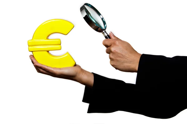 Closeup of hands surveying Euro — Stock Photo, Image