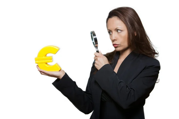 Portrait of expressive woman surveying Euro — Stock Photo, Image