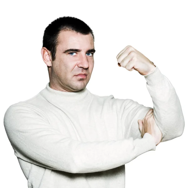 Homem descontente com seus bíceps — Fotografia de Stock
