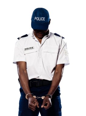 Ashamed policeman with handcuffs clipart