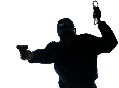 Police officer with handgun and handcuffs clipart