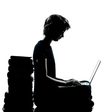 One young teenager boy or girl silhouette computer computing lap clipart