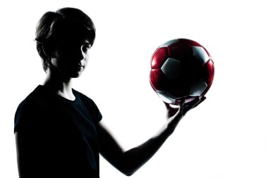 One teenager boy girl silhouette holding showing soccer footba clipart