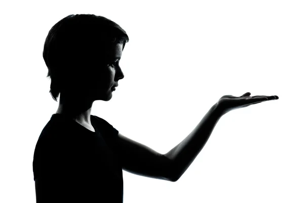 One young teenager boy or girl silhouette empty hands open — Stock Photo, Image