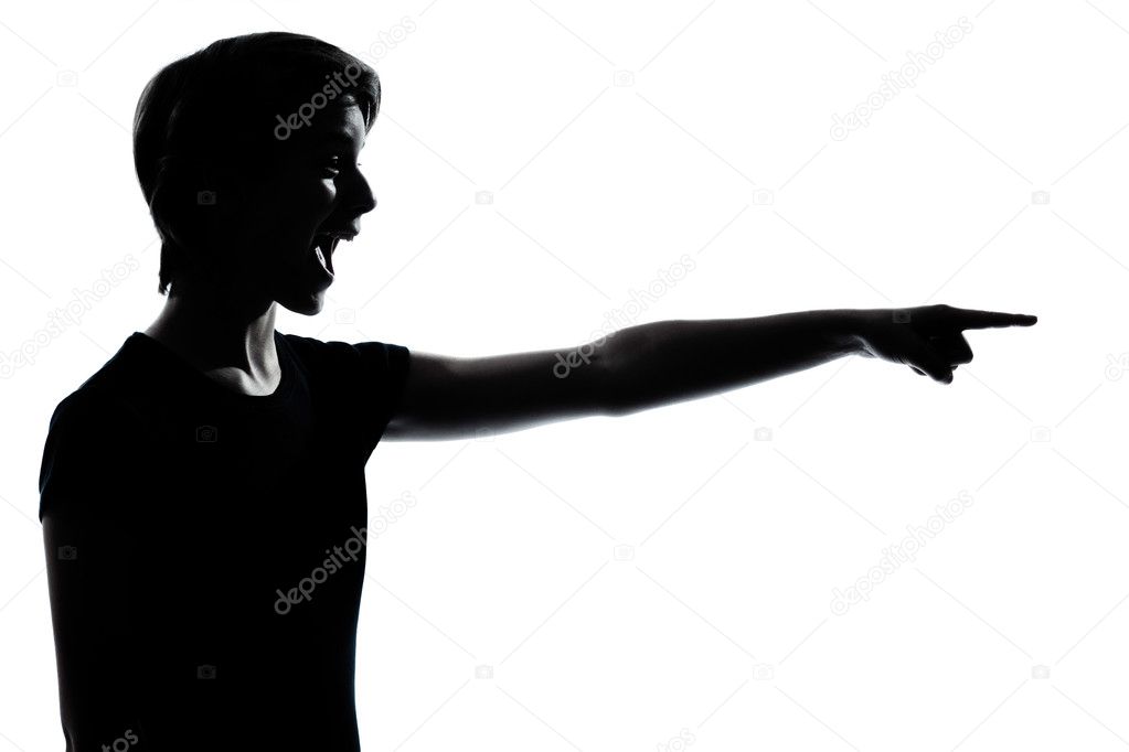 One young teenager boy or girl pointing laughing silhouette