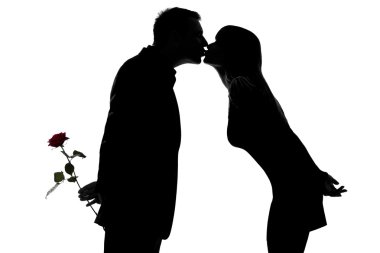 One couple man hiding rose flower and woman kissing clipart