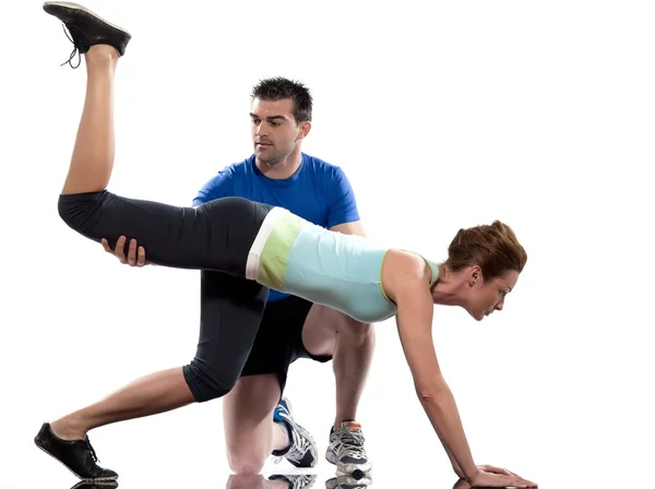 Mann Aerobic Trainer Positionierung Frau Workout — Stockfoto