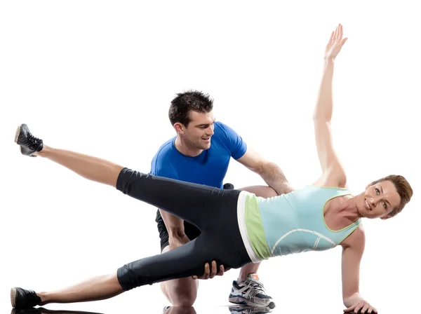 Férfi aerobic edző elhelyezése nő edzés — Stock Fotó
