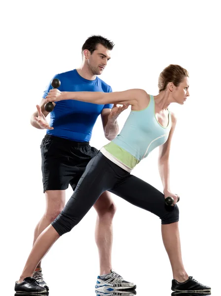Man aerob tränare positionering kvinna träning — Stockfoto
