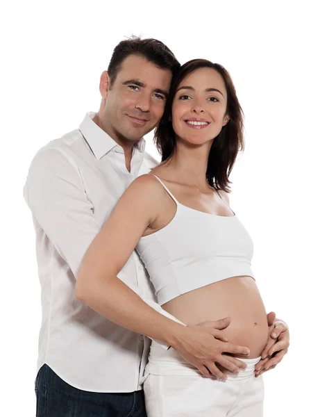 Casal esperando bebê sorrindo alegre — Fotografia de Stock