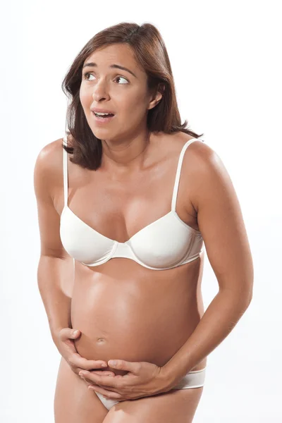 Zwangere vrouw krampen angstig pijn contractie — Stockfoto
