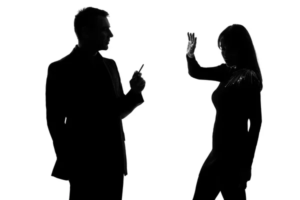 One couple man smoking cigarette and woman disturbed — Stock Photo, Image