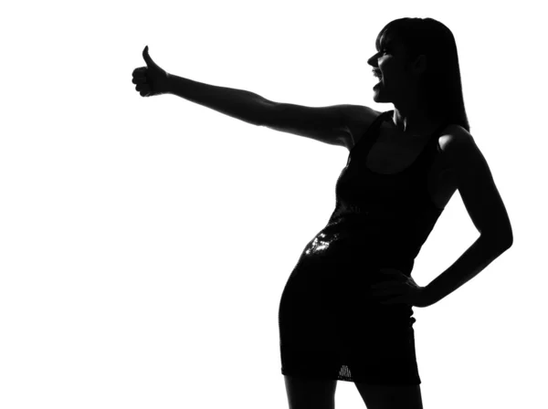 Stylish silhouette woman laughing thumb up — Stock Photo, Image