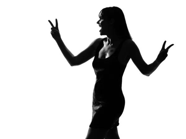 Stylish silhouette woman laughing peace victory gesture — Stock Photo, Image