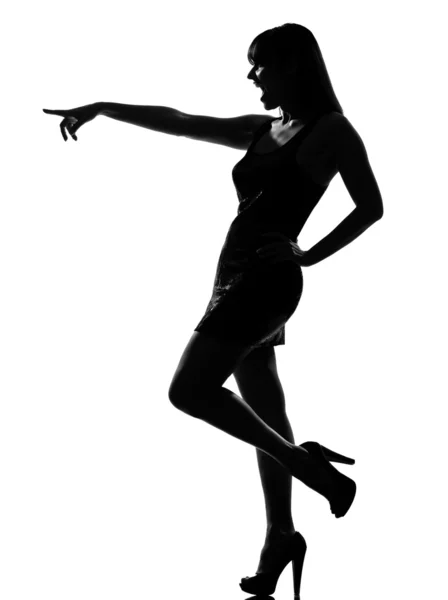 Stijlvolle silhouet vrouw lachen wijzen — Stockfoto