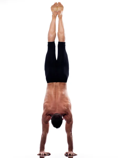 Man yoga handstand full length gymnastic acrobatics — Stock Photo, Image