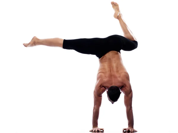 Man yoga handstand full length gymnastic acrobatics — Stock Photo, Image
